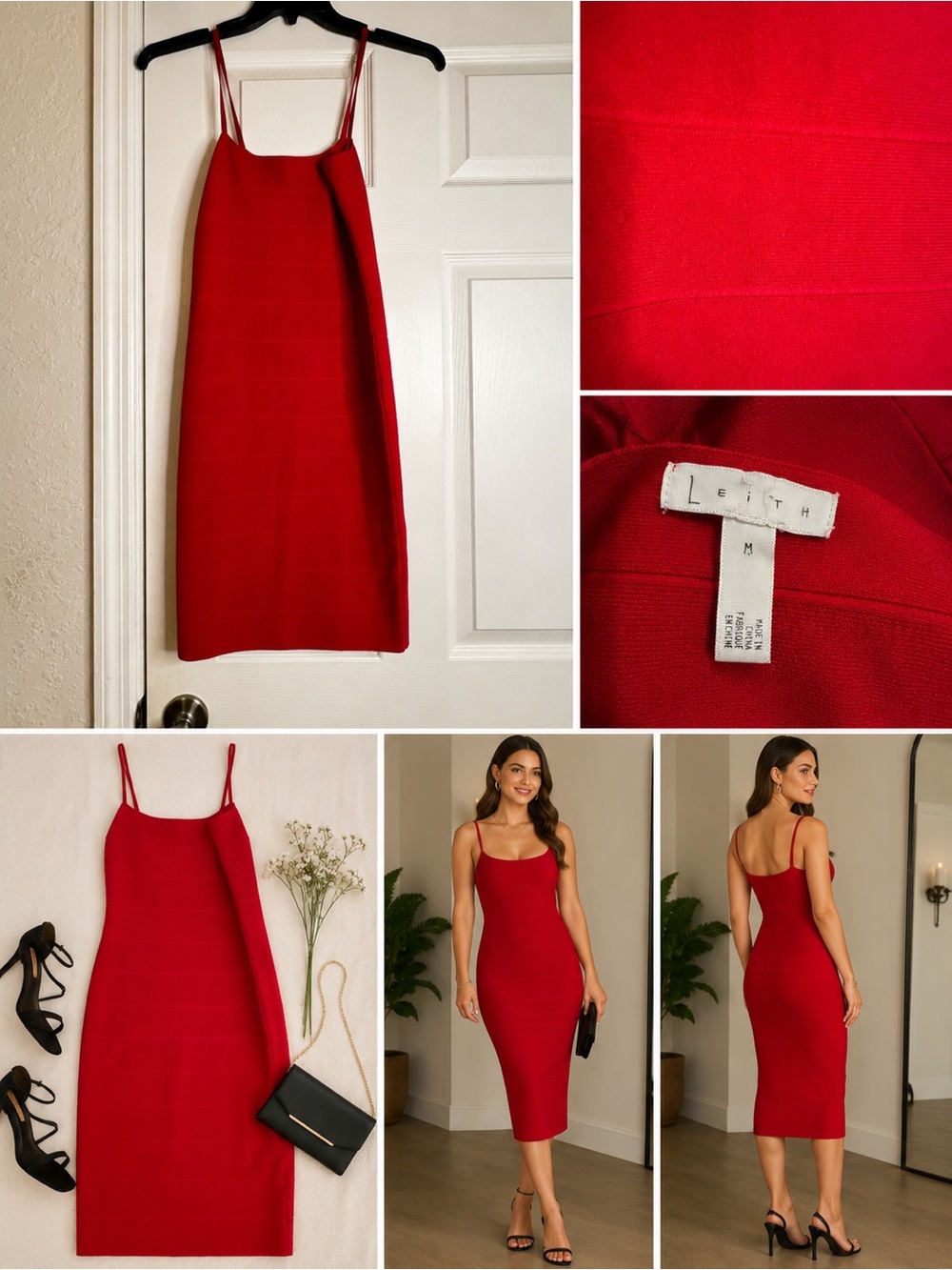 Leith Red Spaghetti-Strap Midi Bodycon Dress